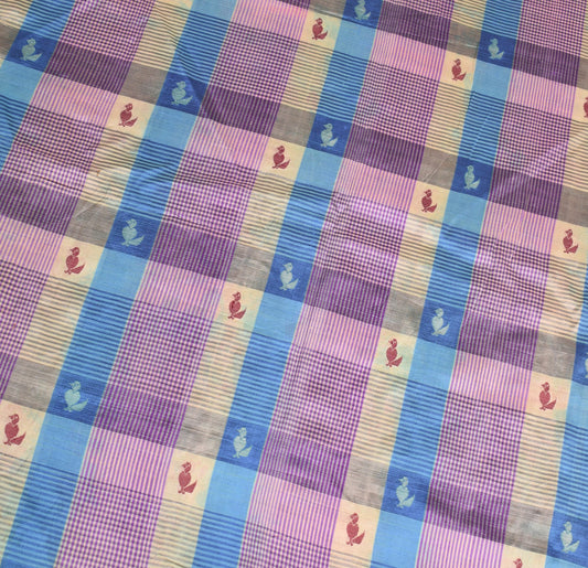 Sushila Vintage Multicolor Sari Remnant Scrap Checks Woven PureSilk Craft Fabric