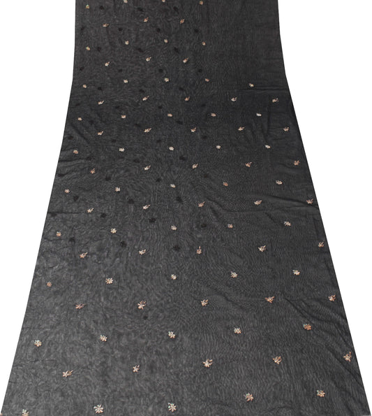 Sushila Vintage Black Net Sari Remnant Scrap Zari Embroidery Floral Craft Fabric