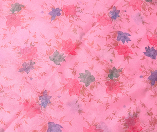 Sushila Vintage Pink Sari Remnant Scrap Floral Printed Art Cotton Craft Fabric