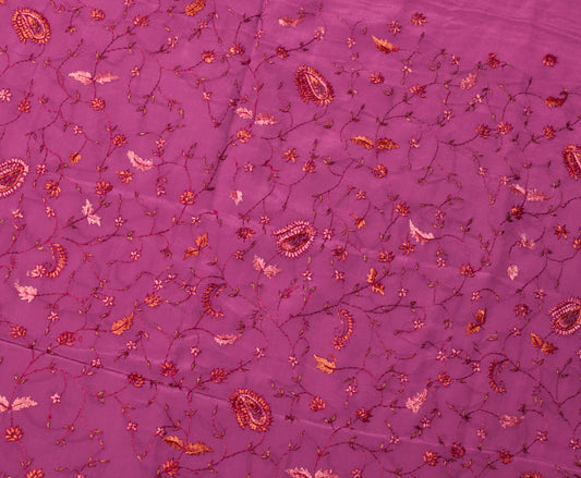Sushila Vintage Magenta Sari Remnant Scrap Hand Embroidered Crepe Craft Fabric