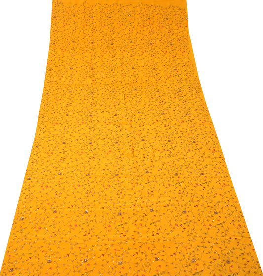 Sushila Vintage Handmade 5 YD Sari Remnant Scrap Pure Crepe Yellow Craft Fabric