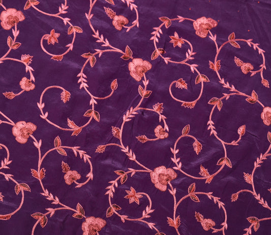 Sushila Vintage Dark Wine Hand Work Sari Remnant Scrap Pure Crepe Craft Fabric