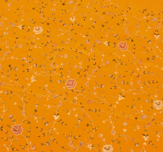 Sushila Vintage Orange Crepe Sari Remnant Scrap Hand Embroidery 5Yd Craft Fabric