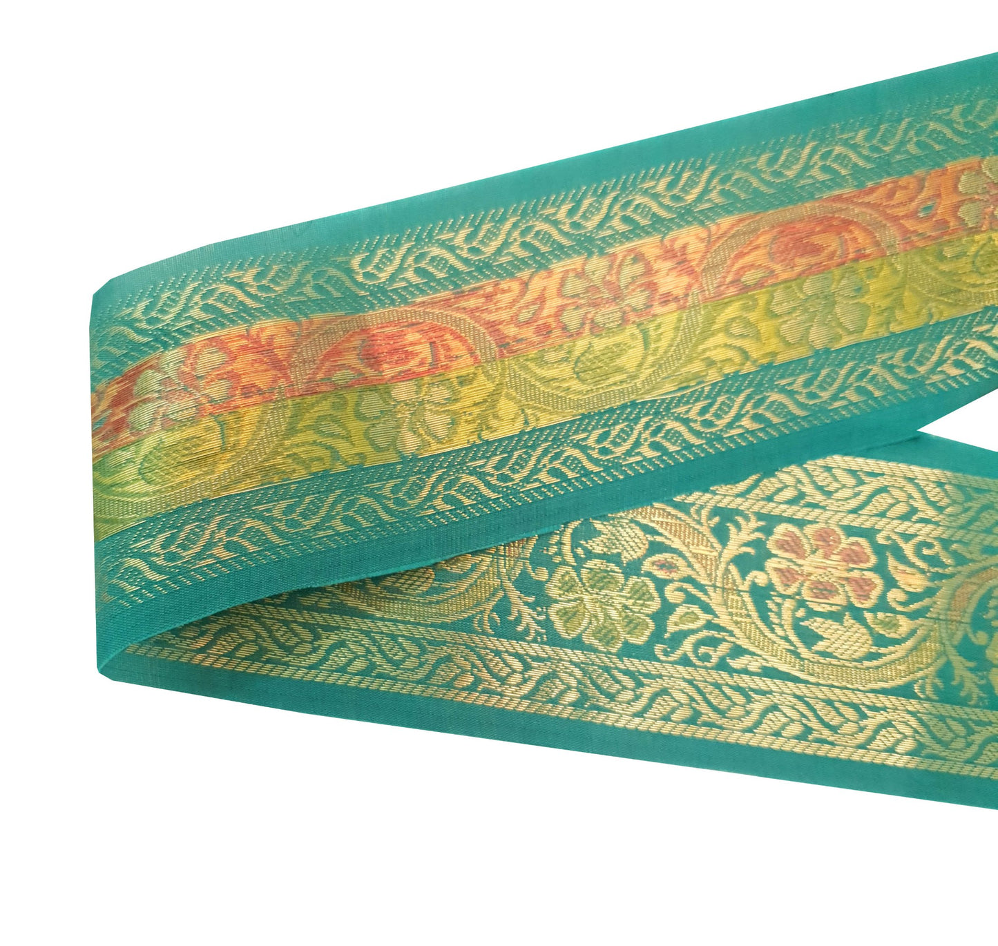 Sushila Vintage Zari Brocade Sari Border Floral Swing Trim 3 Yds Teal Green Lace