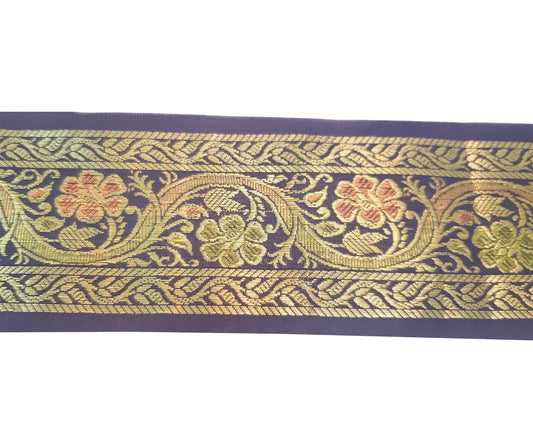 Sushila Vintage Brocade Dark Blue Sari Border Floral Swing Trim 3 Yds Decor Lace