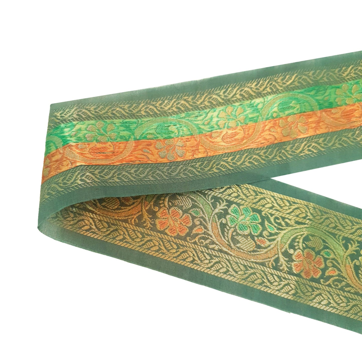 Sushila Vintage Sari Border Bottle Green Floral Brocade Swing Trim 3 Yard Lace