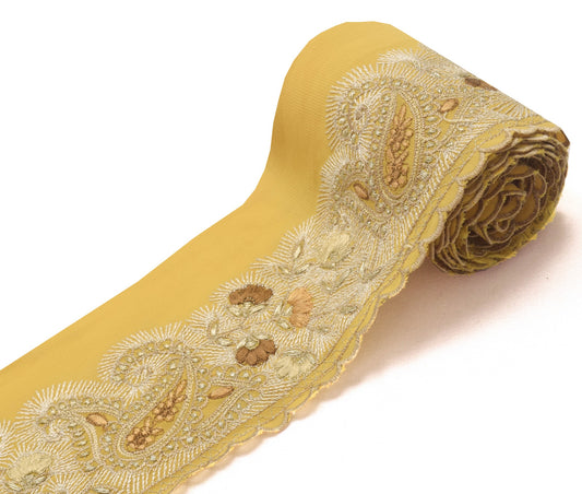 Sushila Vintage Mustard Saree Border Embroidered Craft Sewing Trim Lace Ribbon