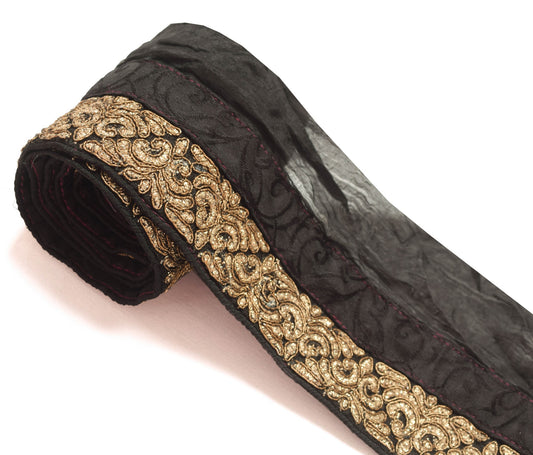 Sushila Vintage Black Silk Saree Border Zari Embroidered Craft Sewing Trim Lace
