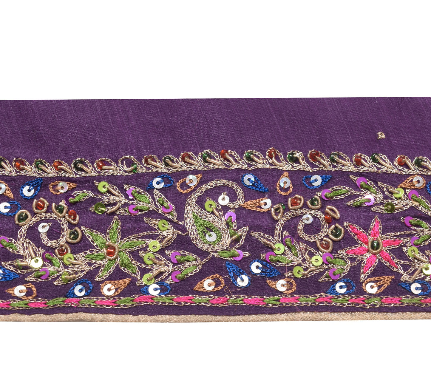 Sushila Vintage Purple Chiffon Saree Border Craft Sewing Trim Hand Beaded Ribbon