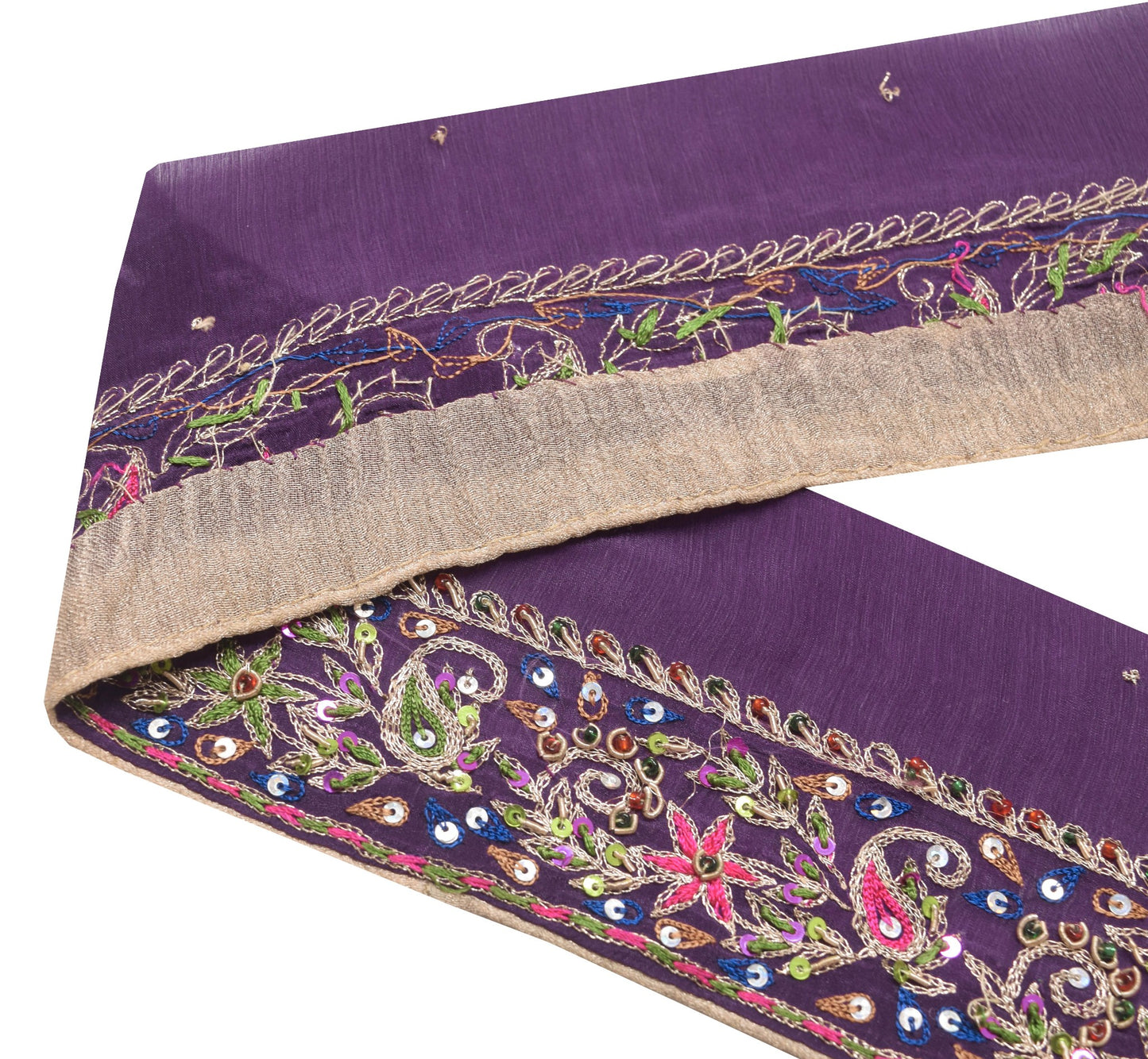 Sushila Vintage Purple Chiffon Saree Border Craft Sewing Trim Hand Beaded Ribbon