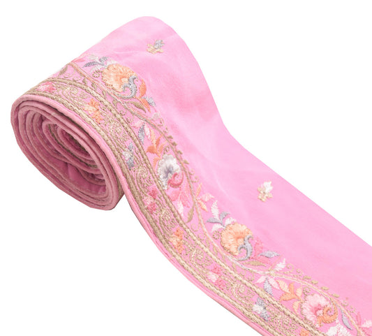 Sushila Vintage Pink Embroidered Crepe Saree Border Craft Sewing Trim Lace Edges