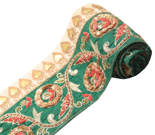 Sushila Vintage Green Silk Saree Border Craft Sewing Trim Zari Embroidered Lace