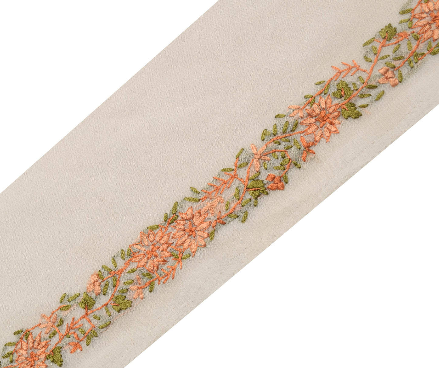 Sushila Vintage White Hand Embroidered Silk Saree Border Craft Sewing Trim Lace
