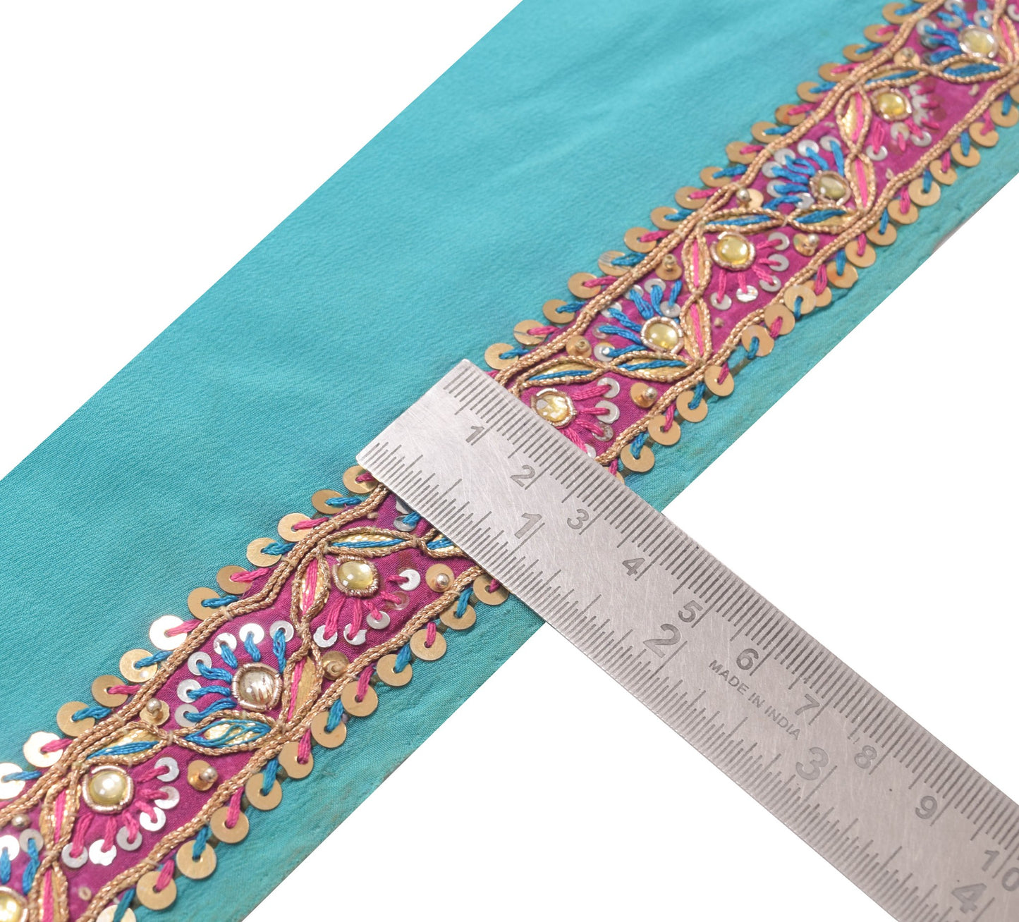 Sushila Vintage Aqua Blue Saree Border Hand Beaded Craft Sewing Trim Lace Ribbon