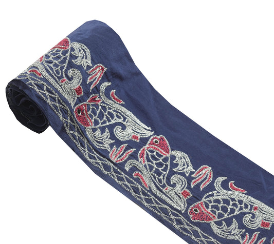 Sushila Vintage Blue Saree Border Fish Embroidered Craft Sewing Trim Lace Ribbon