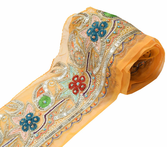 Sushila Vintage Yellow Saree Border Sequins Embellish Craft Sewing Trim Lace