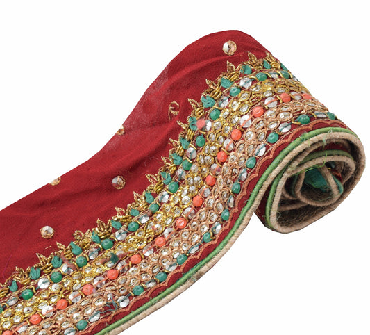 Sushila Vintage Maroon Sequins Embellish Saree Border Craft Sewing Trim Lace