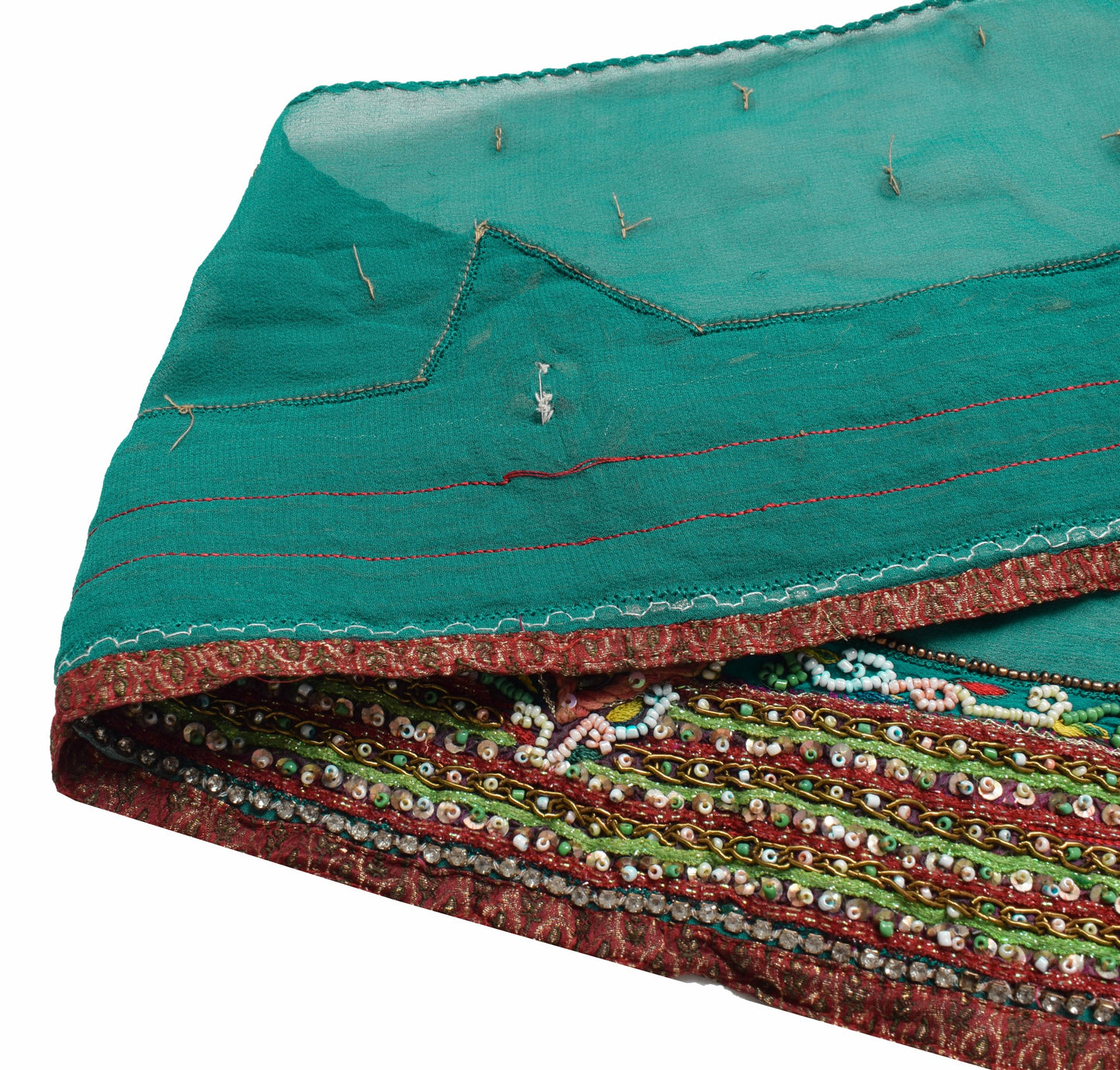 Sushila Vintage Green Georgette Saree Border Hand Beaded Craft Sewing Trim Lace