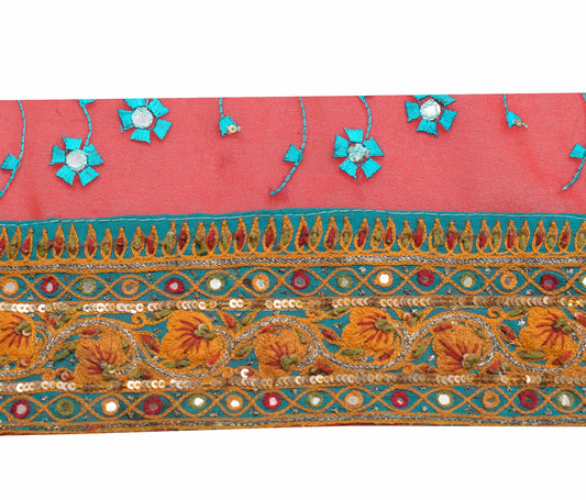 Sushila Vintage Dark Aqua Saree Border Craft Sewing Trim Mirror Hand Work Lace