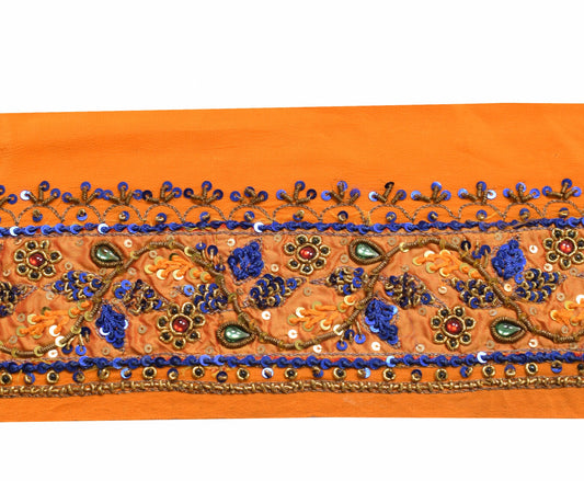 Sushila Vintage Orange Saree Border Indian Craft Sewing Trim Hand Beaded Ribbon