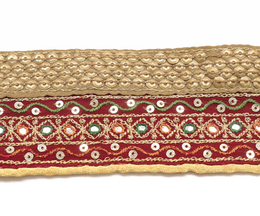Sushila Vintage Maroon Saree Border Sequin Embellish Craft Sewing Trim Lace