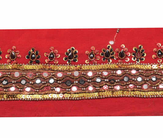 Sushila Vintage Red Crepe Saree Border Mirror Work Craft Sewing Trim Lace Ribbon
