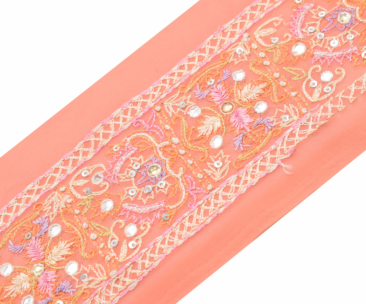 Sushila Vintage Peach Saree Border Hand Work Craft Sewing Trim Lace Ribbon