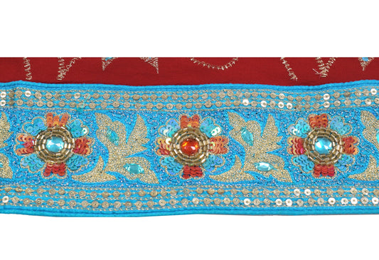 Sushila Vintage Aqua Blue Saree Border Silk Craft Sewing Trim Embroidered Lace