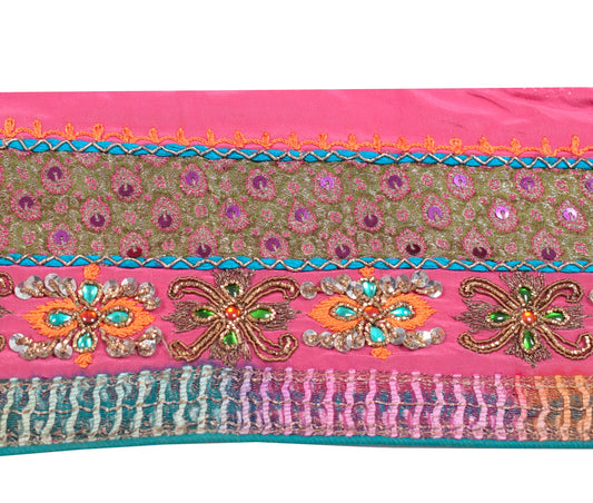Sushila Vintage Pink Saree Border Hand Beaded Craft Sewing Trim Crepe Ribbon