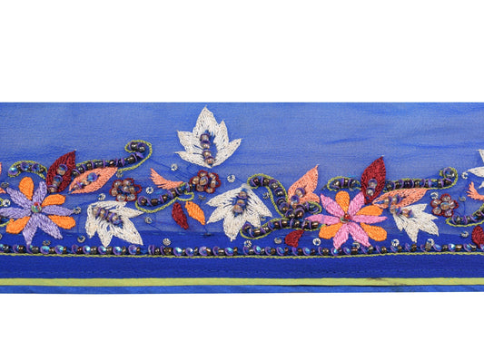 Sushila Vintage Blue Saree Border Indian Craft Sewing Trim Hand Beaded Ribbon