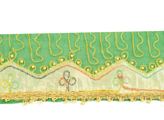 Sushila Vintage Green Gold Saree Border Craft Sewing Trim Silk Embroidered Lace