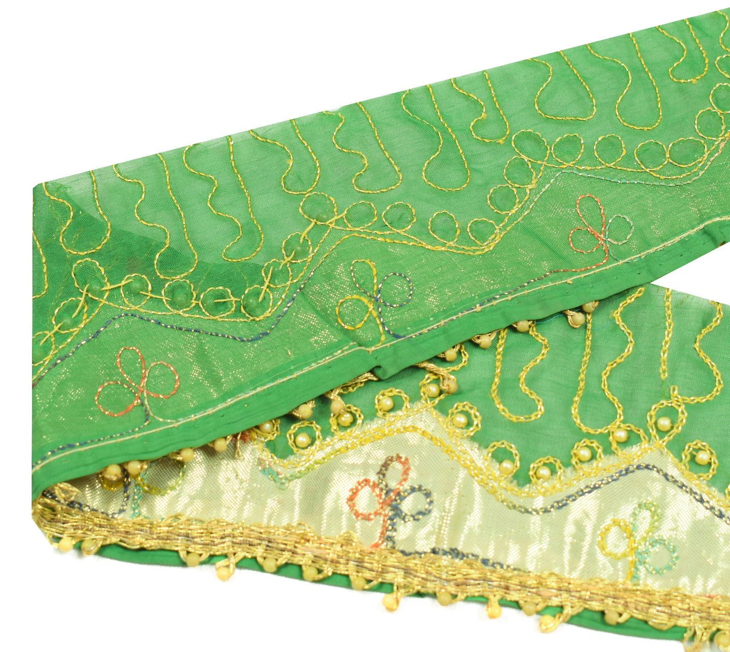 Sushila Vintage Green Gold Saree Border Craft Sewing Trim Silk Embroidered Lace