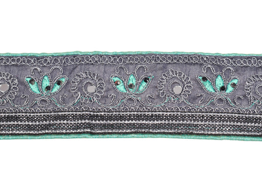 Sushila Vintage Gray Saree Border Indian Craft Sewing Trim Embroidered Ribbon