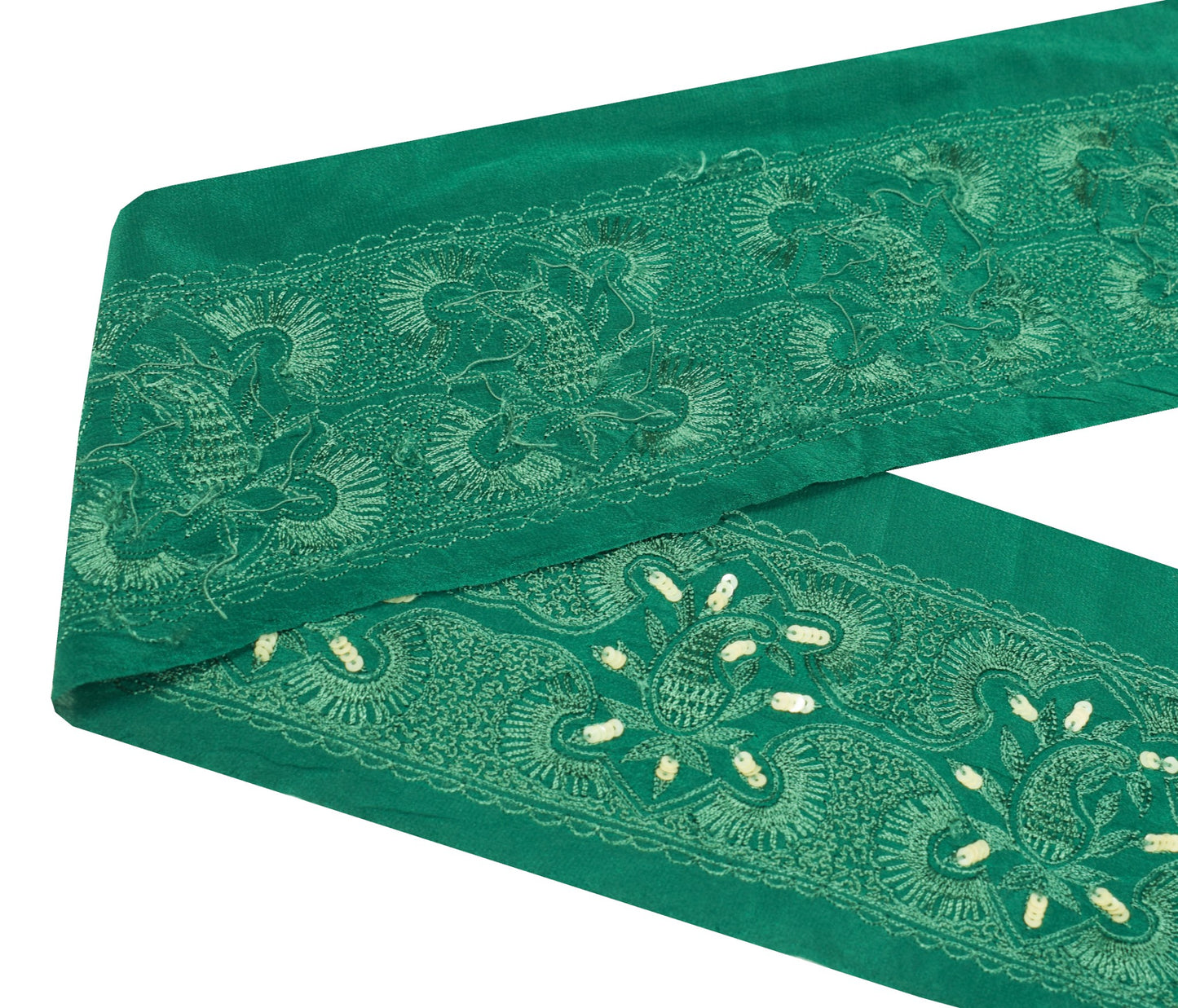 Sushila Vintage Handmade Saree Border Green Craft Sewing Trim Pure Crepe Lace