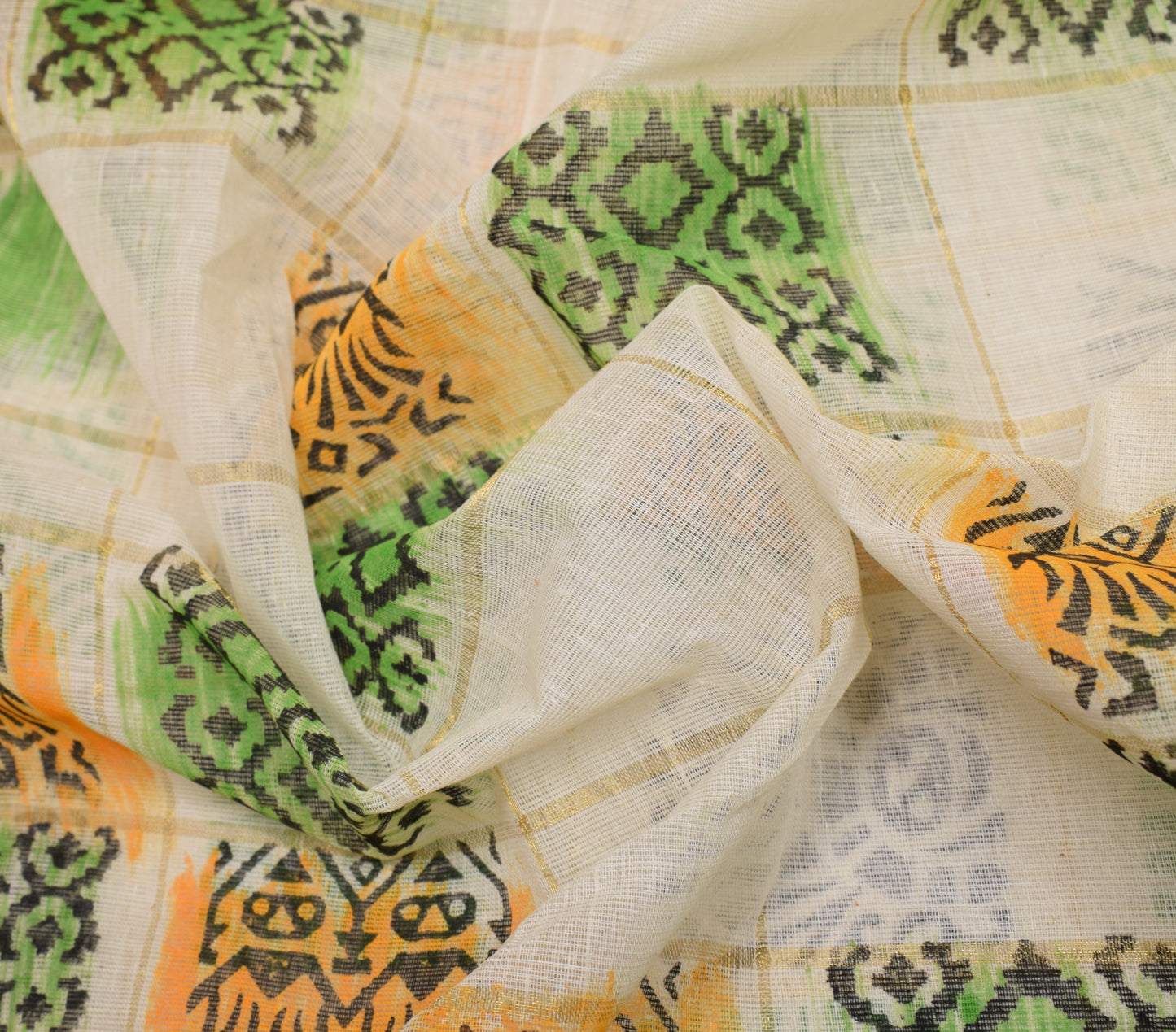 Sushila Vintage Cream Indian Saree 100% Pure Cotton Printed & Woven Craft Fabric