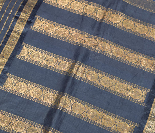 Sushila Vintage Zari Brocade Sari Remnant Scrap Pure Silk Blue Soft Craft Fabric