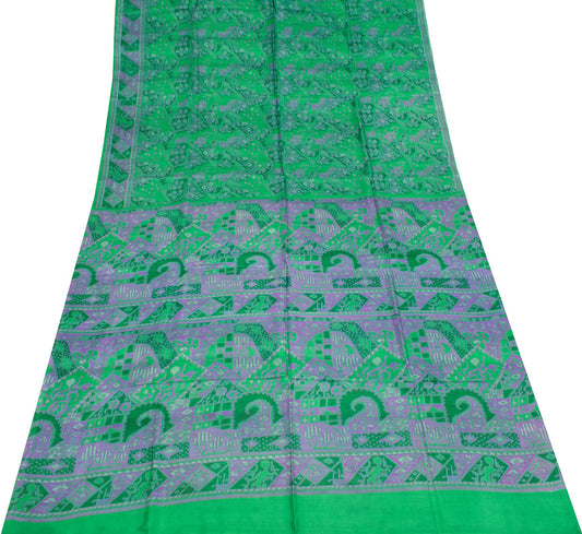 Sushila Vintage Indian Green Saree 100% Pure Silk Printed 6 YD Soft Craft Fabric