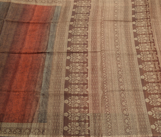 Sushila Vintage Brown Saree 100% Pure Silk Printed Floral 5 YD Soft Craft Fabric