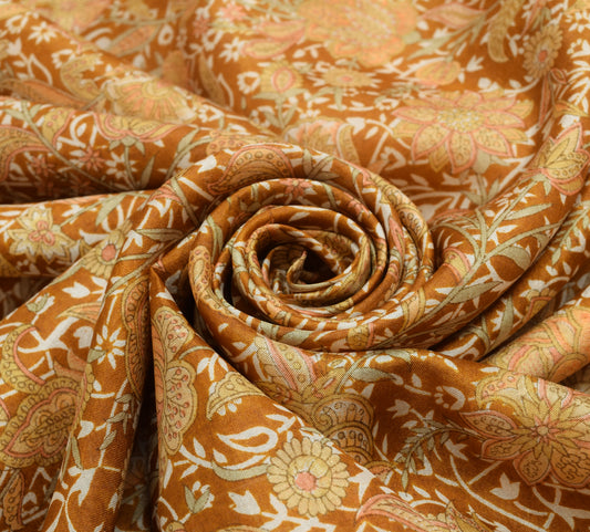 Sushila Vintage Brown Saree 100% Pure Silk Printed Floral Soft Craft Fabric