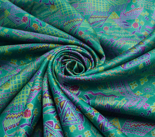 Sushila Vintage Teal Green Saree Pure Silk Abstract Printed Soft Craft Fabric