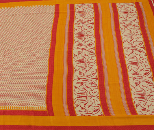 Sushila Vintage Cream Saree Blend Crepe Silk Printed Floral Soft Sari Fabric