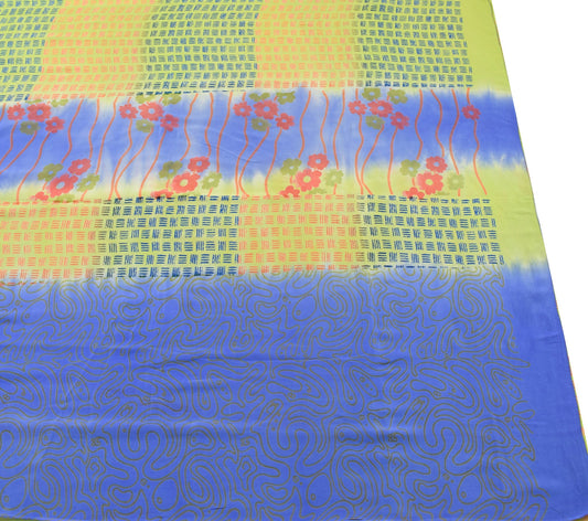 Sushila Vintage Green&Blue Saree 100%Pure Crepe Silk Printed Floral Soft Fabric