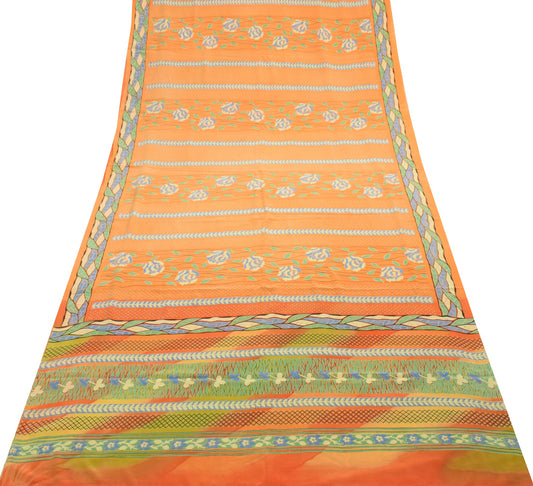 Sushila Vintage Orange Green Saree Pure Crepe Silk Polka Dot Printed Soft Fabric