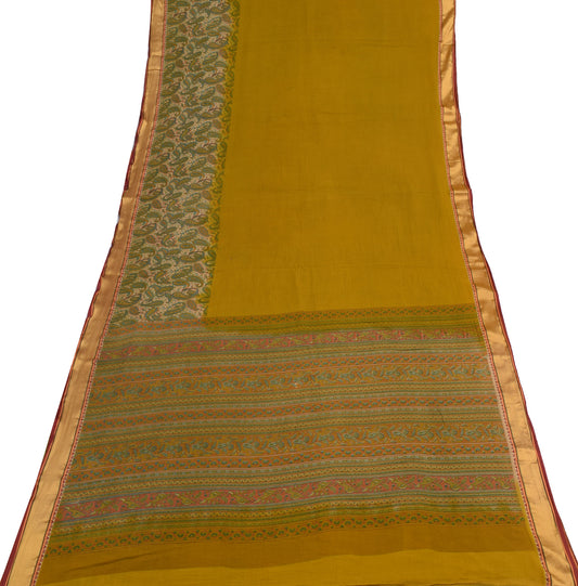 Sushila Vintage Green Saree 100% Pure Cotton Printed Paisley Soft Craft Fabric
