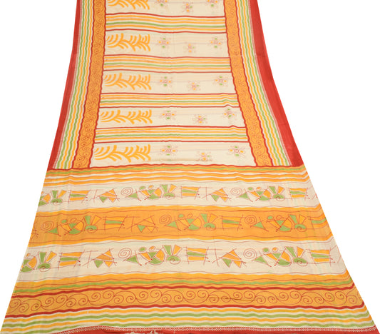 Sushila Vintage Cream Saree 100% Pure Cotton Printed Floral Soft Craft Fabric