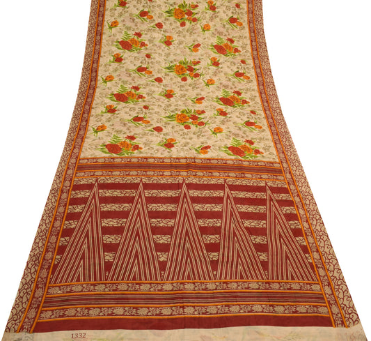 Sushila Vintage Brown Saree 100% Pure Cotton Printed Floral Soft Craft Fabric