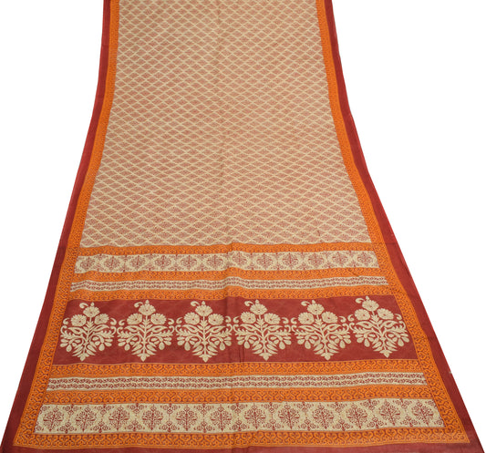 Sushila Vintage Cream Indian Saree 100% Pure Cotton Printed Floral Craft Fabric