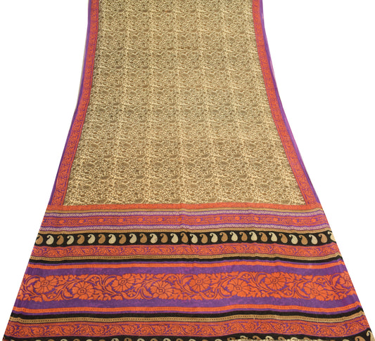 Sushila Vintage Cream Saree 100% Pure Cotton Printed Paisley Soft Craft Fabric