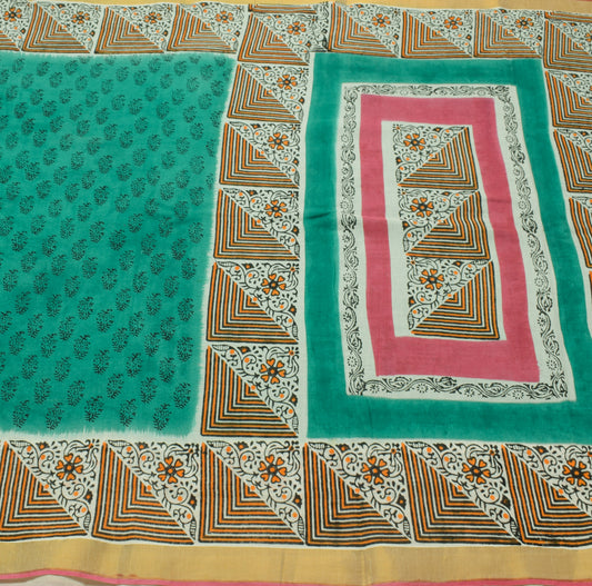 Sushila Vintage Green Indian Saree 100% Pure Cotton Printed Floral Craft Fabric