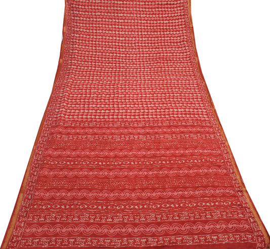 Sushila Vintage Red Indian Saree 100% Pure Cotton Printed Soft Craft Fabric